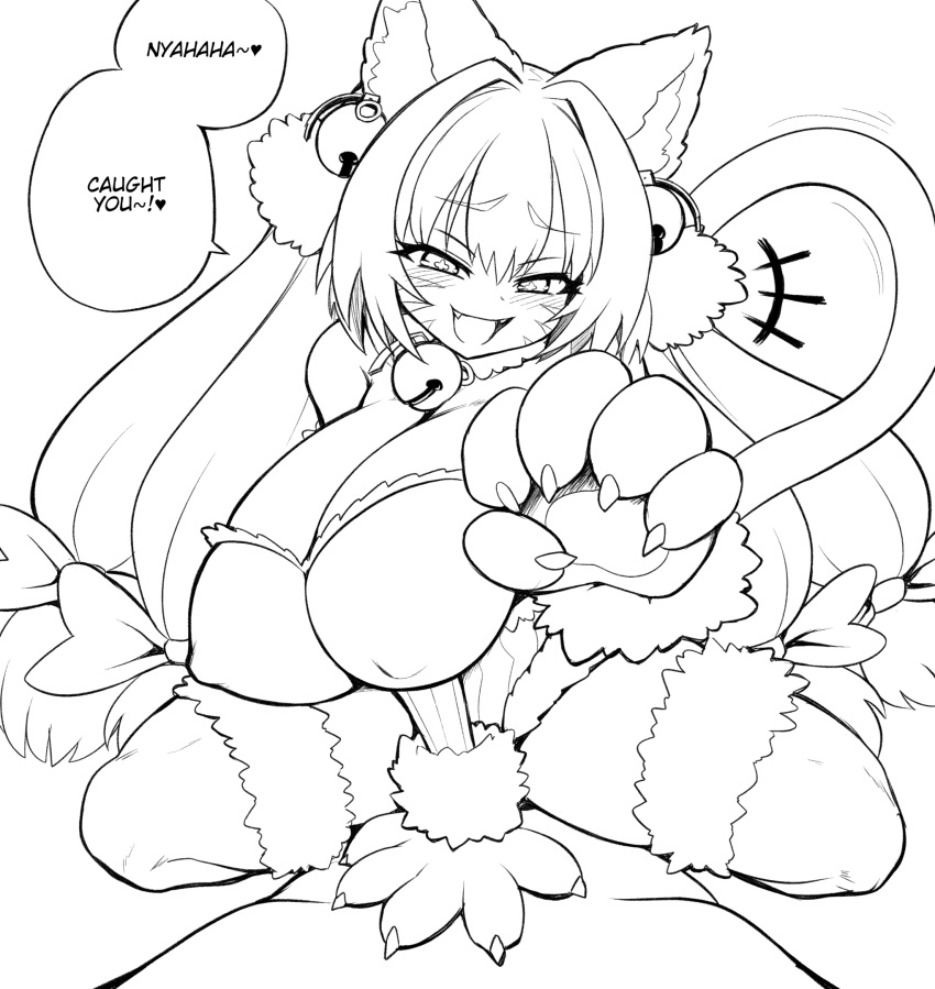 1boy 1girl animal_ear_fluff animal_ears animal_hands bell blush bombergirl breasts cat_ears cat_tail claws cleavage english_text fangs hand_on_another's_chest highres huge_breasts jadf jingle_bell jingle_bell_earrings large_breasts long_hair looking_at_viewer monochrome open_mouth pine_(bombergirl) pov smile smug speech_bubble squatting tail thighhighs twintails white_background