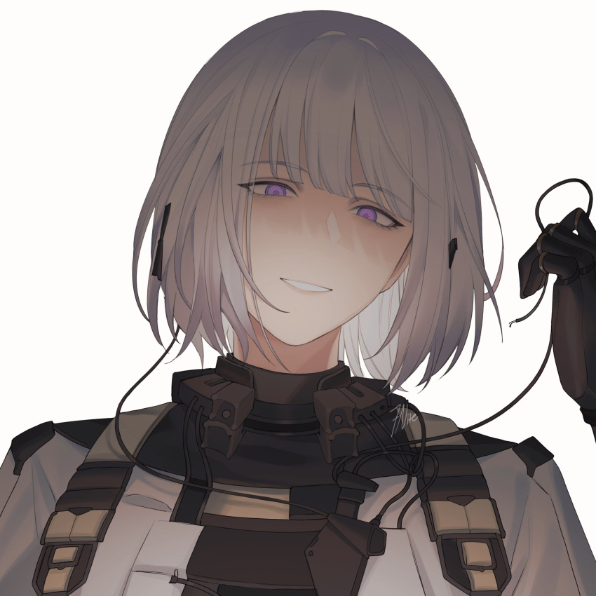 1girl 7nite artist_name bangs black_gloves girls'_frontline gloves grin hair_ornament hairpin highres looking_at_viewer open_mouth parted_lips purple_eyes rpk-16_(girls'_frontline) short_hair smile solo tactical_clothes upper_body white_background white_hair wire