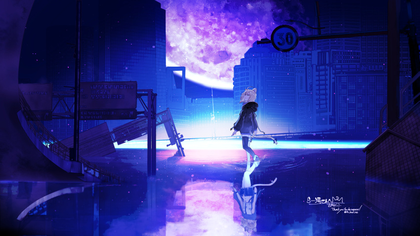 1girl ahoge animal_ear_fluff animal_ears black_bow black_hoodie black_thighhighs blonde_hair blue_eyes bow building cat_ears cat_tail city commentary commission full_moon highres hood hood_down hoodie long_sleeves moon night original parted_lips reflection road_sign ruins shoes short_hair sign signature skeb_commission skyscraper solo tail tail_bow tail_ornament thighhighs wading water wide_shot yoshioka_yoshiko