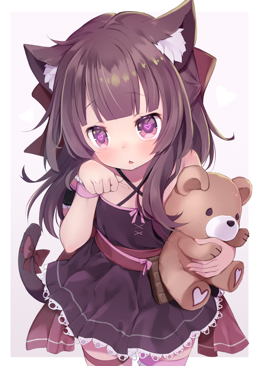 1girl absurdres animal_ear_fluff animal_ears arashiya arm_up bangs black_dress blunt_bangs bow brown_eyes brown_hair cat_ears cat_girl cat_tail commentary_request commission criss-cross_halter dress fallenshadow food-themed_ornament halter_dress halterneck heart heart-shaped_pupils highres indie_virtual_youtuber leg_ribbon long_hair looking_at_viewer non-web_source open_mouth paw_pose petite pink_ribbon ribbon single_wrist_cuff skeb_commission solo stuffed_animal stuffed_toy symbol-shaped_pupils tail tail_ornament tail_ribbon teddy_bear thighhighs virtual_youtuber waist_bow wrist_cuffs