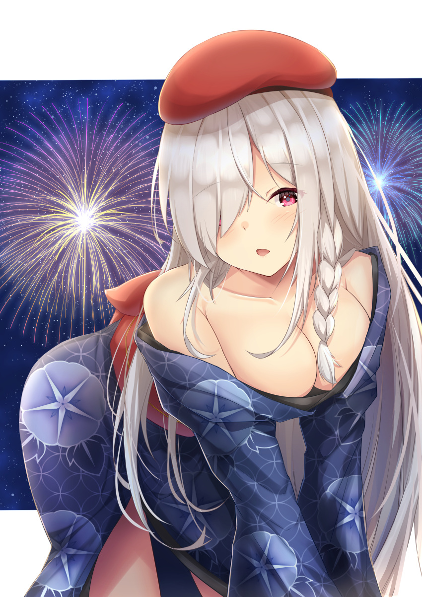 1girl absurdres aratake bangs bare_shoulders beret blue_kimono blush braid breasts cleavage collarbone commentary feet_out_of_frame fireworks g36c_(girls'_frontline) g36c_(ode_to_summer)_(girls'_frontline) girls'_frontline hair_over_one_eye hat highres japanese_clothes kimono leaning_forward long_hair looking_at_viewer medium_breasts official_alternate_costume open_mouth parted_lips purple_eyes simple_background single_braid solo standing white_hair yukata