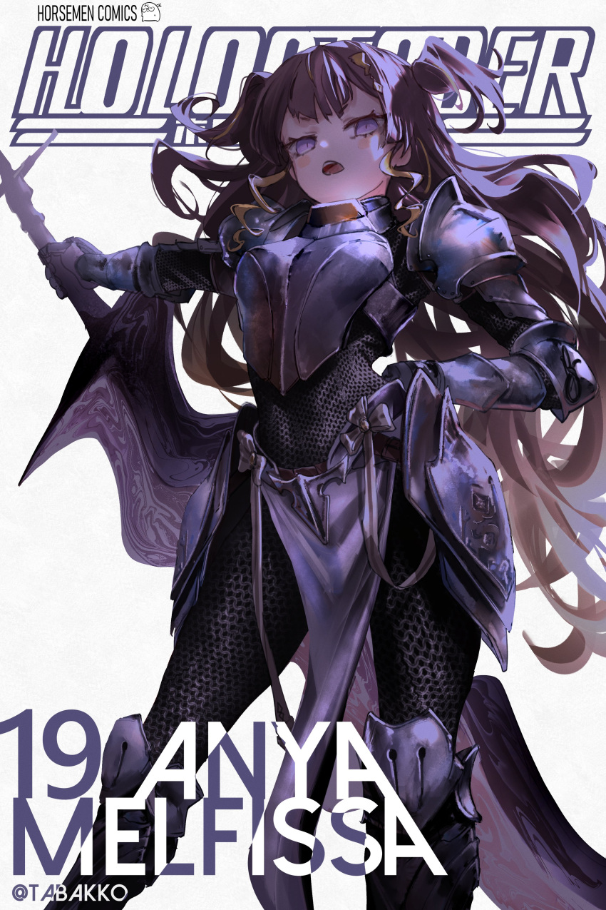 1girl absurdres anya_melfissa armor bleach blonde_hair brown_hair chainmail character_name cover cover_page fake_cover highres hip_armor holding holding_sword holding_weapon hololive hololive_indonesia hyde_(tabakko) knight long_hair manga_cover multicolored_hair open_mouth parody purple_eyes solo sword virtual_youtuber weapon white_background
