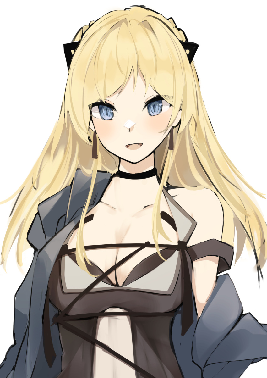 1girl absurdres aratake bangs black_choker black_dress blonde_hair blue_eyes blue_jacket blush breasts choker cleavage collarbone dress earrings girls'_frontline highres jacket jacket_pull jewelry k5_(girls'_frontline) long_hair looking_at_viewer medium_breasts open_clothes open_jacket open_mouth smile solo upper_body white_background