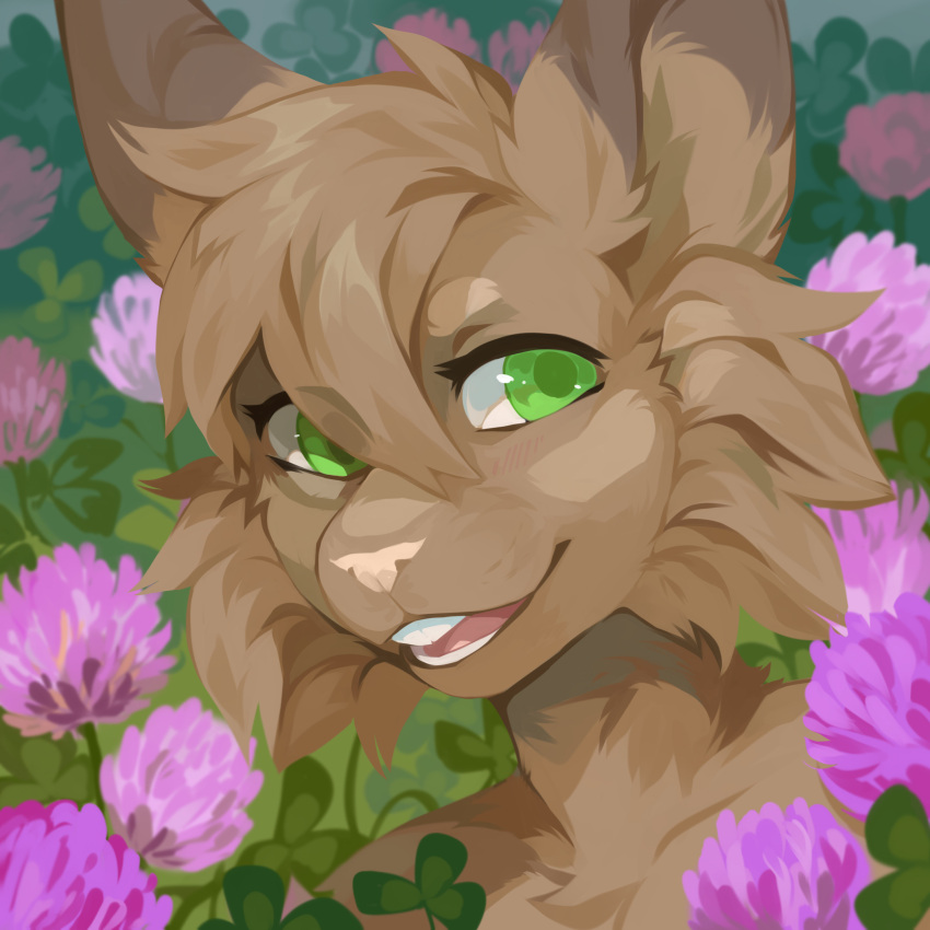 1:1 absurd_res ambiguous_gender anthro brown_body brown_ears brown_fur brown_hair bust_portrait corzh77 flower front_view fur glistening glistening_eyes green_eyes green_pupils hair hi_res nude open_mouth open_smile outside plant portrait pupils purple_flower red_tongue short_hair smile solo species_request tongue unsigned