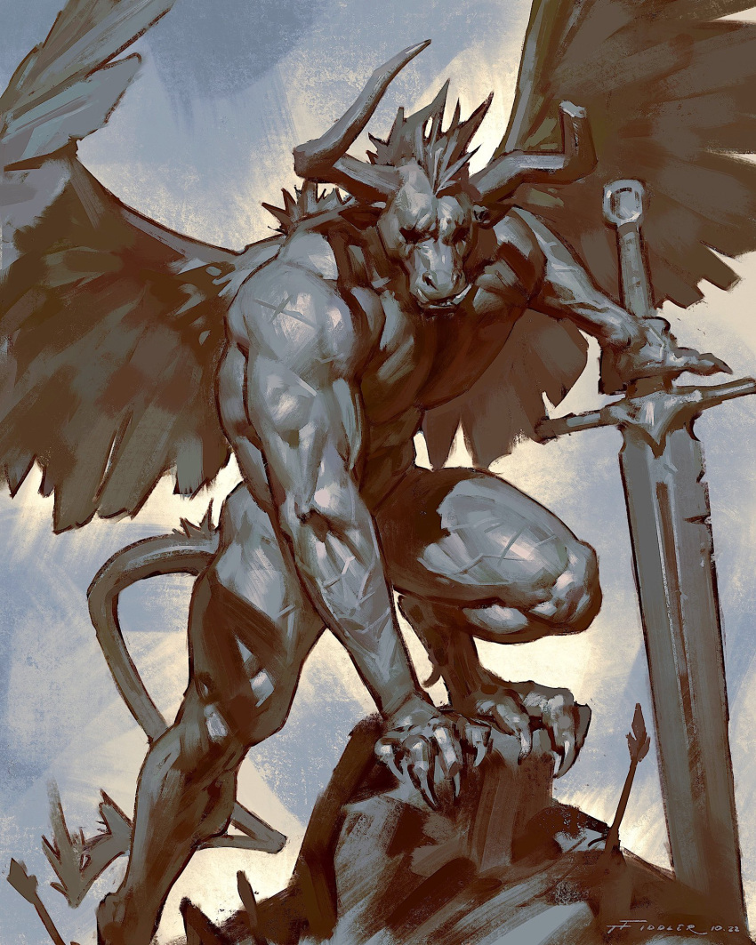 2022 anthro biceps digital_media_(artwork) digitigrade feathers feet gargoyle hair hi_res horn male monochrome muscular muscular_anthro muscular_male nude paws pecs sharp_teeth simple_background solo tail_tuft taran_fiddler teeth toes tuft tusks were white_hair wings