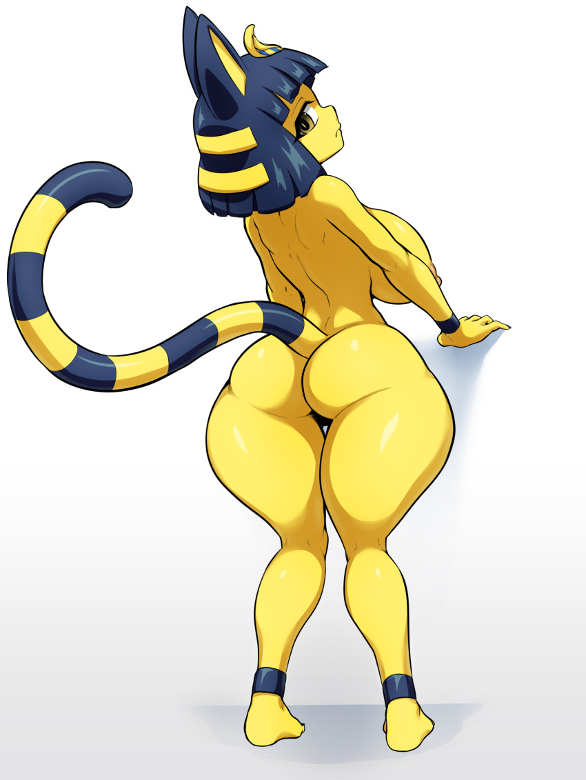 accessory animal_crossing ankha_(animal_crossing) anthro big_breasts blue_hair bracelet breasts butt felid feline female frown fur hair hair_accessory hi_res jadf jewelry looking_at_viewer looking_back mammal markings mouth_closed nintendo nipples nude simple_background solo standing striped_markings striped_tail stripes tail_markings video_games white_background yellow_body yellow_eyes yellow_fur