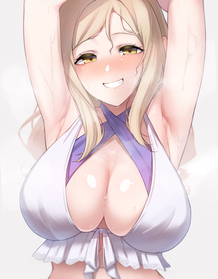 1girl absurdres armpits arms_up bangs bare_arms bare_shoulders bikini blonde_hair blurry blush breasts cleavage commentary criss-cross_halter depth_of_field frilled_bikini frills front-tie_bikini_top front-tie_top grey_background grin hair_between_eyes half-closed_eyes halterneck highres large_breasts layered_bikini long_hair looking_at_viewer love_live! love_live!_sunshine!! messy_hair nasuno_(nasuno42) nose_blush ohara_mari purple_bikini simple_background smile solo steaming_body sweat swept_bangs swimsuit upper_body wet wet_hair white_bikini yellow_eyes