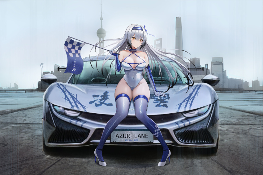 1girl absurdres alternate_costume azur_lane breasts car character_name cleavage copyright_name elbow_gloves flag full_body gloves ground_vehicle hai_tien_(azur_lane) high_heels highres holding holding_flag kcar66t leotard license_plate long_hair motor_vehicle oriental_pearl_tower product_placement qiantu qiantu_k50 race_queen real_world_location shanghai sports_car thighhighs