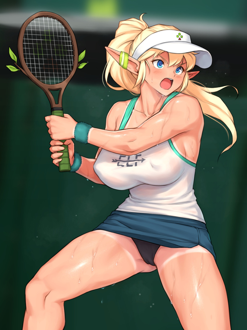 1girl arm_scrunchie bangs blonde_hair blue_eyes breasts ear_scrunchie elf highres leaf long_hair nestkeeper open_mouth original panties pointy_ears ponytail racket shirt skirt solo sportswear sweat tan tank_top tanlines tennis tennis_uniform underwear visor_cap