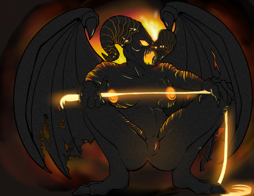 anthro balrog_(the_lord_of_the_rings) big_breasts breasts butt butt_from_the_front claws demon female fire genitals grey_body grey_skin horn j._r._r._tolkien maiar membrane_(anatomy) membranous_wings middle-earth_(tolkien) monster nipples not_furry nude open_mouth presenting presenting_pussy pussy ramenshaman simple_background sitting solo the_lord_of_the_rings whip wings