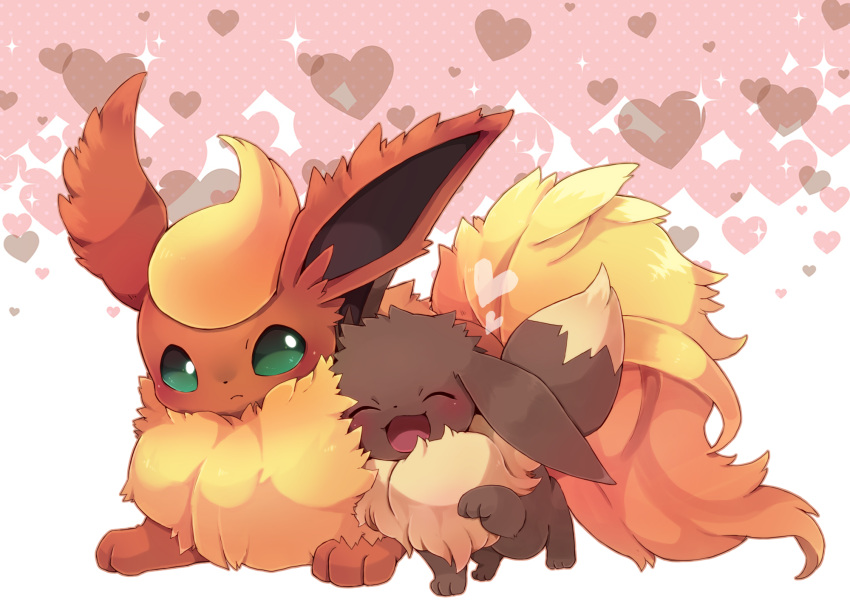 :3 ^_^ animal_focus blank_eyes blonde_hair blush closed_eyes closed_mouth commentary_request eevee expressionless flareon fluffy full_body fur_collar green_eyes happy heart heart_background highres looking_at_viewer lying no_humans nuzzle on_stomach open_mouth orange_outline partial_commentary pokemon pokemon_(creature) shira_(sirairo116) short_hair smile sparkle standing