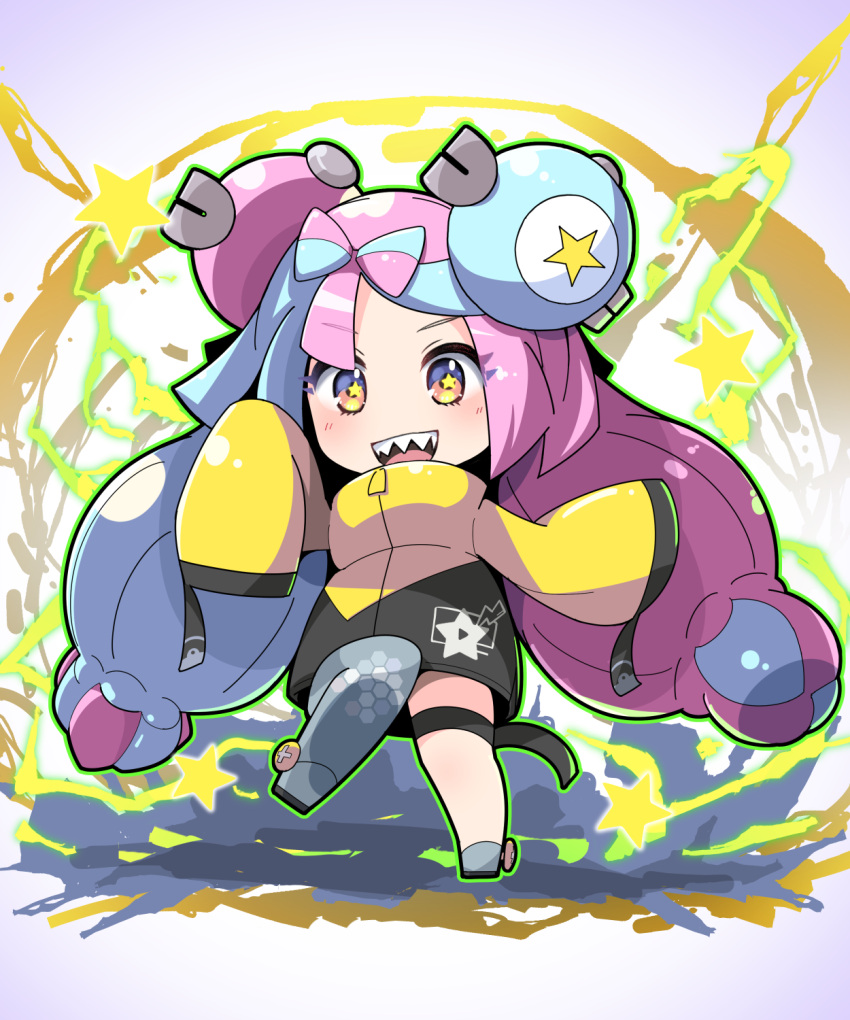 1girl asymmetrical_legwear bangs black_jacket blue_hair bow-shaped_hair character_hair_ornament chibi electricity fukkatsu_saisei_kaijin gradient gradient_background hair_ornament hexagon_print highres iono_(pokemon) jacket knee_up light_blue_hair long_hair long_sleeves looking_at_viewer low-tied_long_hair magnemite mismatched_legwear multicolored_clothes multicolored_hair multicolored_jacket open_mouth oversized_clothes pink_hair pokemon pokemon_(game) pokemon_sv sharp_teeth sleeves_past_fingers sleeves_past_wrists solo split-color_hair standing star-shaped_pupils star_(symbol) star_in_eye symbol-shaped_pupils symbol_in_eye teeth thigh_strap two-tone_hair two-tone_jacket very_long_sleeves yellow_jacket