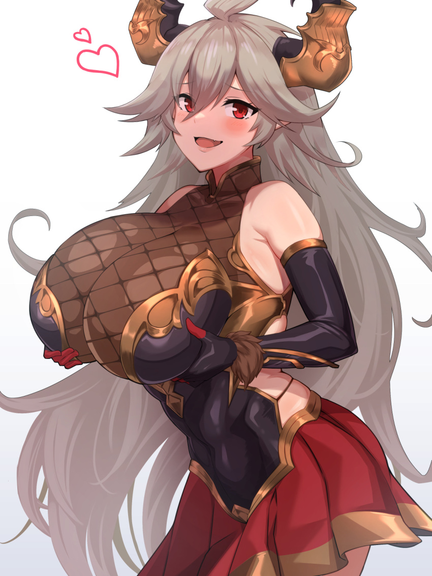 ahoge bare_shoulders breast_hold breasts draph elbow_gloves gloves granblue_fantasy grey_hair highres horn_ornament horns lancer24 large_breasts long_hair pleated_skirt pointy_ears red_eyes skirt smile threo_(granblue_fantasy)