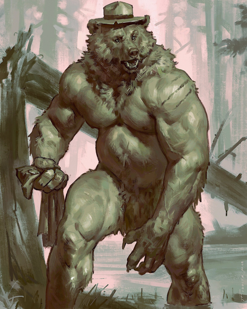 2022 4_fingers anthro biceps claws digital_media_(artwork) fingers fur hi_res male mammal monochrome muscular muscular_anthro muscular_male nipples nude open_mouth pecs sharp_teeth signature smokey_bear solo standing taran_fiddler teeth ursid were