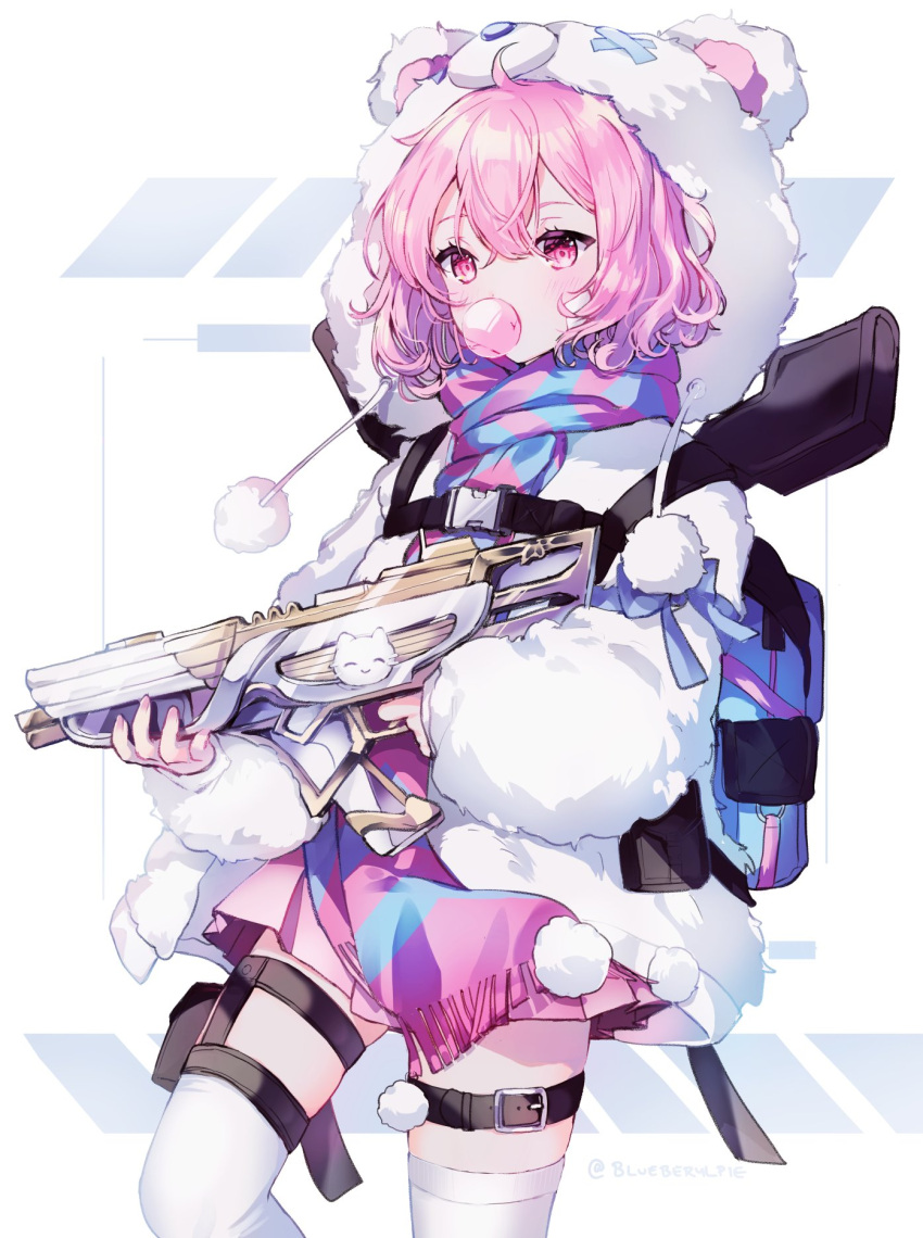 1girl animal_costume apex_legends backpack bag belt beryl_(blueberylpie) chewing_gum fur_trim gun hair_between_eyes highres jacket long_sleeves niconico nqrse pink_hair pink_skirt scarf short_hair skirt solo striped striped_scarf thighhighs utaite_(singer) weapon white_thighhighs