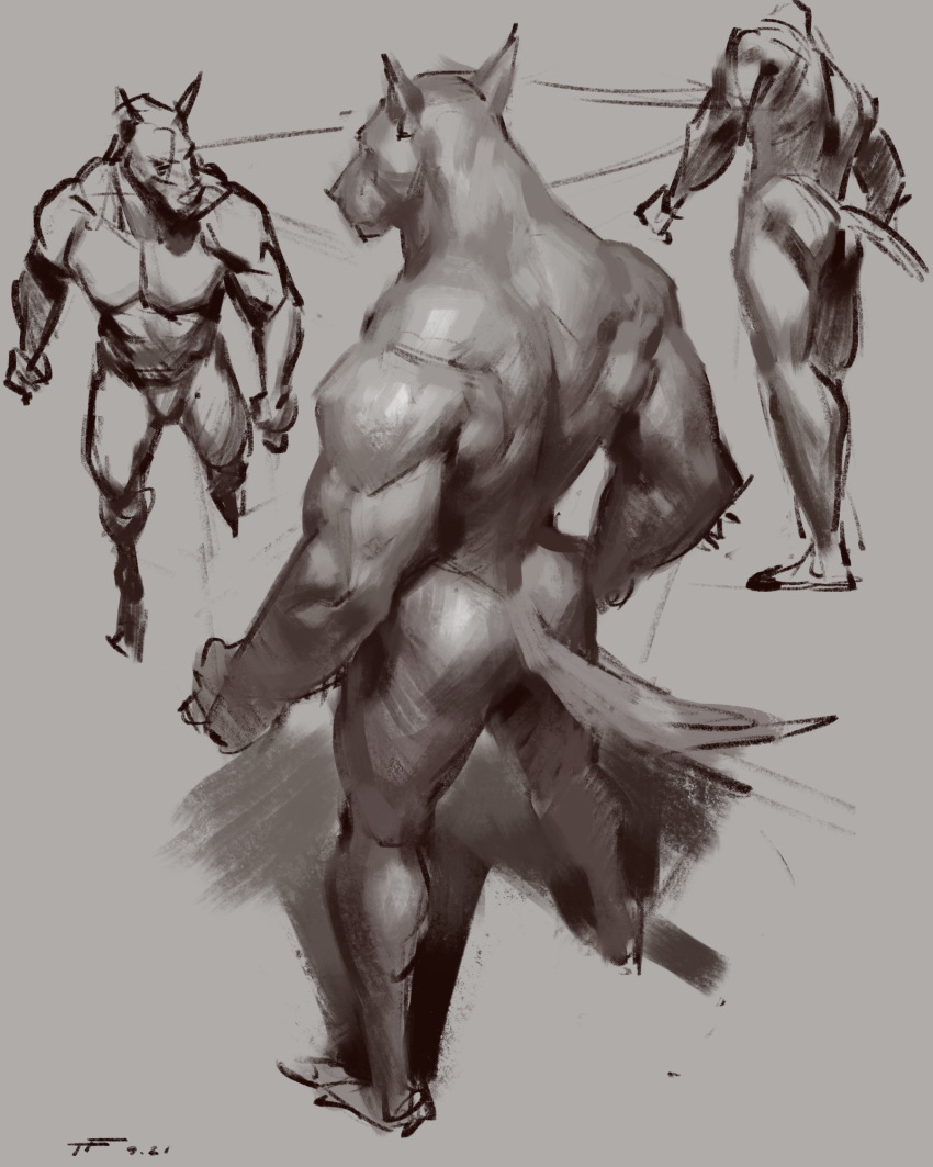 2022 anthro artist_name ball biceps canid canine canis claws digitigrade domestic_dog feet feral fetch fur greyscale group hair hi_res holding_ball holding_object larger_male male mammal monochrome muscular muscular_anthro muscular_male nude simple_background size_difference sketch standing taran_fiddler toes