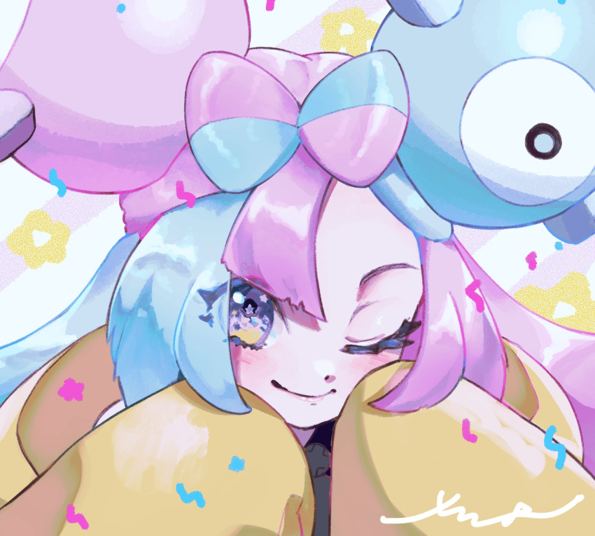 1girl bangs blue_hair bow-shaped_hair character_hair_ornament closed_mouth hair_ornament highres iono_(pokemon) jacket light_blue_hair long_sleeves looking_at_viewer magnemite multicolored_hair one_eye_closed oversized_clothes pink_hair pokemon pokemon_(game) pokemon_sv portrait purple_eyes signature sleeves_past_fingers sleeves_past_wrists smile solo split-color_hair surumeika_(ninfiiiir) two-tone_hair very_long_sleeves yellow_jacket
