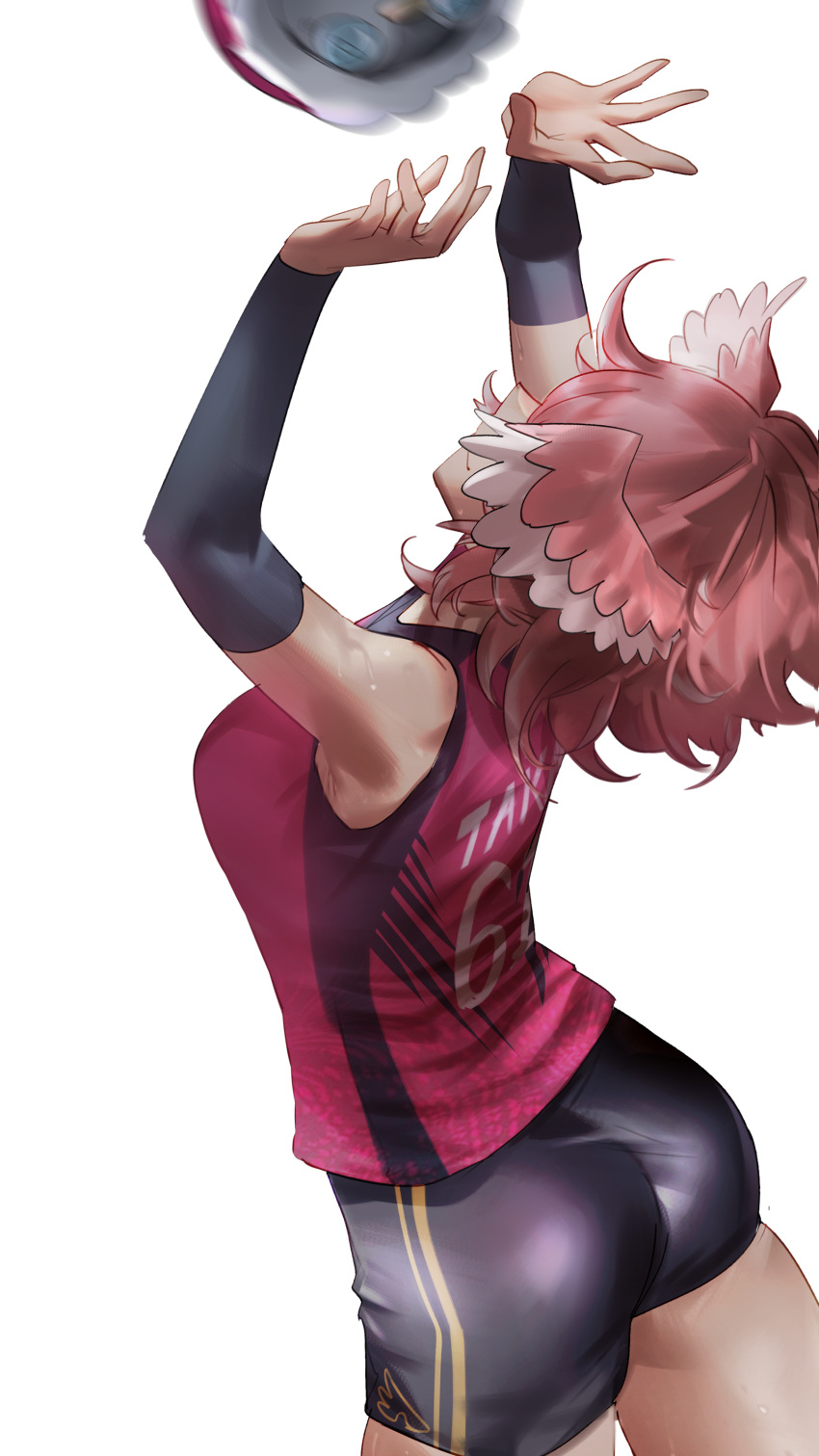 1girl absurdres aragiken ass bare_shoulders black_shorts black_sleeves character_name clothes_writing detached_sleeves from_behind head_wings highres hololive jersey jumping pink_hair shirt short_hair short_shorts shorts sleeveless sleeveless_shirt solo sportswear sweat takane_lui virtual_youtuber volleyball_uniform