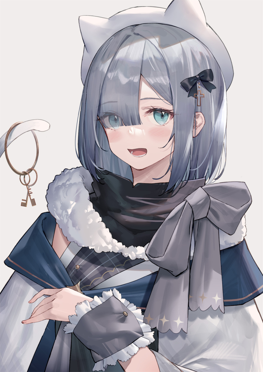 1girl :d animal_hat aqua_eyes arl black_ribbon blush cat_tail cross eyes_visible_through_hair fur grey_hair hair_over_one_eye hair_ribbon hat highres holding holding_with_tail kaga_sumire keyring looking_at_viewer open_mouth prehensile_tail ribbon short_hair simple_background smile solo tail upper_body virtual_youtuber vspo! white_background white_headwear wrist_cuffs