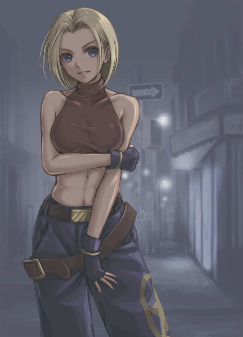 1girl absurdres bangs bare_shoulders belt blonde_hair blue_eyes blue_mary blue_pants breasts commentary_request covered_collarbone eyfr3252 fatal_fury fingerless_gloves gloves head_tilt highres looking_at_viewer loose_belt medium_breasts midriff multiple_belts navel pants parted_bangs red_tank_top short_hair simple_background sleeveless smile solo star_(symbol) star_print stomach tank_top the_king_of_fighters turtleneck