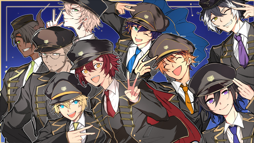 6+boys :d ;d ^_^ absurdres aqua_eyes aragami_oga arurandeisu astel_leda beard black_hair black_headwear black_jacket black_vest blonde_hair blue_background blue_cape blue_eyes blue_hair blue_necktie cape closed_eyes collared_shirt constellation dark-skinned_male dark_skin earrings everyone eyepatch facial_hair flower garrison_cap glasses gold_trim green_eyes green_necktie grey_hair grin hair_between_eyes hair_flower hair_ornament hair_over_one_eye hairclip hanasaki_miyabi hand_up hat highres hizaki_gamma_(artist) holostars horns jacket jewelry kageyama_shien kanade_izuru kishido_temma looking_at_viewer male_focus mole mole_under_eye multicolored_hair multiple_boys necktie official_alternate_costume one_eye_closed orange_hair orange_necktie outline outside_border peaked_cap pink_hair profile purple_eyes purple_necktie red_cape red_hair red_necktie rikka_(holostars) shirt short_hair single_horn smile streaked_hair teeth two-tone_hair uniform upper_body upper_teeth v vest virtual_youtuber w white_hair white_outline white_shirt yellow_eyes yellow_necktie yukoku_roberu