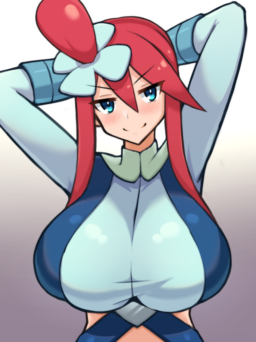 1girl blue_eyes blue_gloves blue_jacket blue_shorts breasts cropped_jacket gloves hair_ornament highres jacket large_breasts one_side_up pokemon pokemon_(game) pokemon_bw red_hair short_hair_with_long_locks short_shorts shorts sidelocks skyla_(pokemon) solo turtleneck yashiro_misone