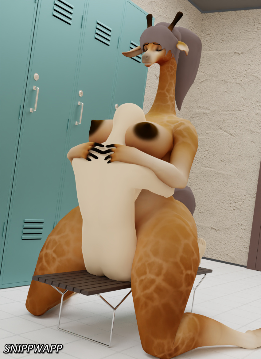 anthro areola bench big_breasts blender_(software) blender_cycles breasts duo embrace eyes_closed female giraffe giraffe_(yiffalicious) giraffid hair hi_res hug human humanoid locker locker_room looking_pleasured male male/female male_on_anthro mammal nipples nude ponytail sex size_difference snippwapp straddling wide_hips yiffalicious