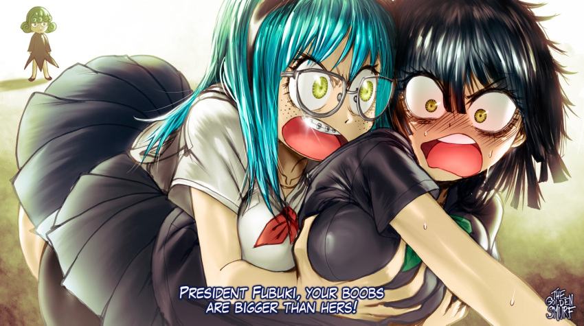 3girls aged_down alternate_universe black_hair blush braces breast_envy breast_grab breasts chibi chibi_inset constricted_pupils derivative_work english_commentary english_text freckles fubuki_(one-punch_man) glasses grabbing grabbing_from_behind green_eyes green_hair kill_la_kill large_breasts medium_breasts medium_hair multiple_girls nose_blush one-punch_man parody pleated_skirt psychos school_uniform serafuku short_hair siblings sisters skirt subtitled summer_uniform sweatdrop tatsumaki teeth the_golden_smurf upper_teeth wide-eyed yellow_eyes yuri