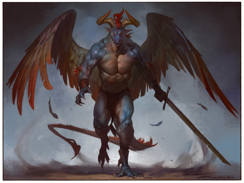 2022 absurd_res anthro biceps blue_body digital_media_(artwork) digitigrade feathers feet ferris gargoyle hair hi_res horn male multicolored_body multicolored_scales muscular muscular_anthro muscular_male nude paws pecs scales sharp_teeth simple_background solo tail_tuft taran_fiddler teeth toes tuft two_tone_body two_tone_scales were white_body white_scales wings