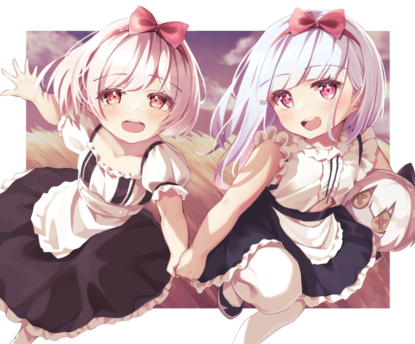 2girls :d absurdres aged_down apron azur_lane bangs bare_shoulders black_footwear black_skirt blush bow center_frills classic_(zildjian33) clothing_cutout cloud cloudy_sky collarbone commentary dido_(azur_lane) doll dress dusk frills hair_between_eyes hair_bow hairband highres holding holding_doll holding_hands long_hair looking_at_viewer multiple_girls open_mouth pantyhose pink_bow purple_eyes red_eyes running shirt short_hair short_sleeves sidelocks sirius_(azur_lane) skirt sky sleeveless sleeveless_shirt smile underboob_cutout waist_apron white_apron white_dress white_hair white_pantyhose white_shirt