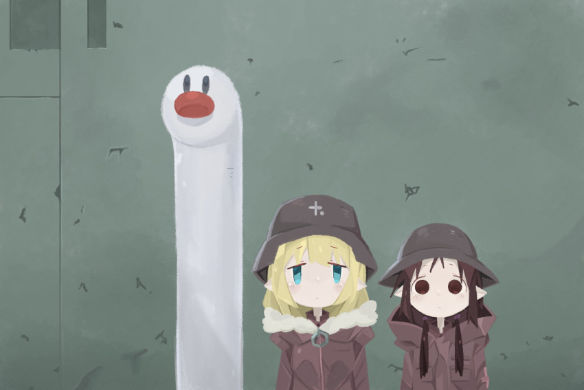 2girls bangs black_eyes black_hair blonde_hair blue_eyes blush_stickers brodie_helmet chito_(shoujo_shuumatsu_ryokou) coat cross crossover eel fur-trimmed_coat fur_trim garden_eel green_coat helmet highres long_hair looking_at_viewer military military_helmet military_uniform multiple_girls naaga_sonomono no_mouth pointy_ears pokemon pokemon_(creature) red_nose shoujo_shuumatsu_ryokou side-by-side solid_eyes stahlhelm tareme uniform upper_body wiglett yuuri_(shoujo_shuumatsu_ryokou)