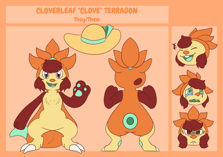 2022 2_toes absurd_res ambiguous_gender angry anthro bodily_fluids brown_body brown_fur brown_hair buckteeth carapace character_name chespin claws cloverleaf_tarragon crying dipstick_tail expression_sheet feet front_view fur generation_6_pokemon green_eyes hair hi_res markings model_sheet nintendo nonbinary_(lore) open_mouth orange_background orange_body pawpads pokemon pokemon_(species) ponytail pronouns rear_view screamoshaymin simple_background solo sun_hat tail_markings tan_body tan_fur tears teeth toe_claws toes video_games