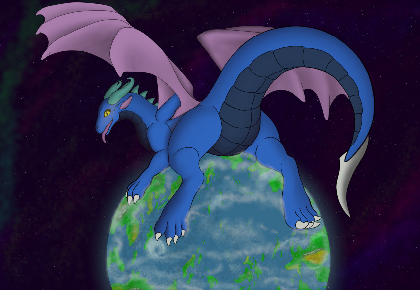 4_toes absurd_res ambiguous_gender belly_scales blue_body dragon endarkuauc_(uzuru) feet feral giga hi_res macro membrane_(anatomy) membranous_wings nystemy_(artist) planet raised_tail rear_view scales solo space thick_tail toes tongue tongue_out wings