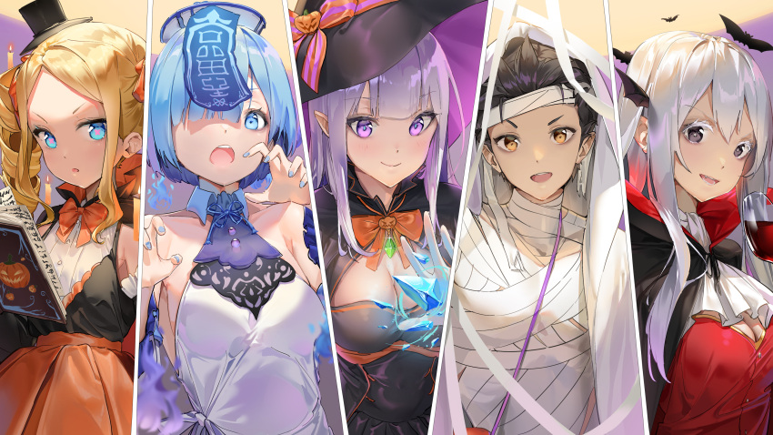 1boy 4girls absurdres bangs bat_wings beatrice_(re:zero) black_capelet black_dress blue_eyes blue_hair blush book bow breasts capelet colored_eyelashes cup dress echidna_(re:zero) emilia_(re:zero) grey_hair hair_between_eyes hair_ornament halloween hat highres holding holding_book holding_cup long_hair looking_at_viewer medium_breasts mr1thonk multiple_girls mummy_costume natsuki_subaru non-web_source open_mouth pumpkin purple_eyes re:zero_kara_hajimeru_isekai_seikatsu rem_(re:zero) short_hair sidelocks simple_background smile very_long_hair white_hair wings witch_hat