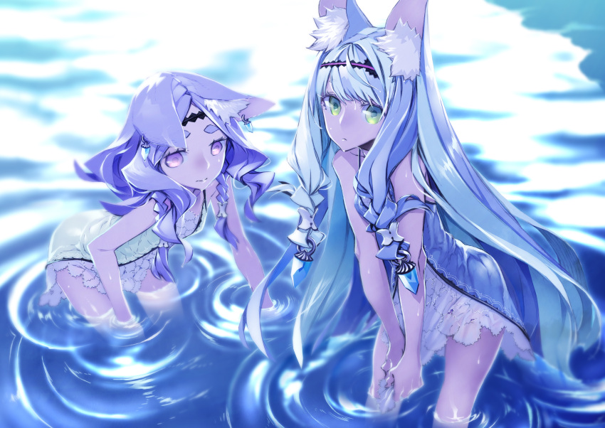 2girls 7th_dragon_(series) 7th_dragon_iii absurdres animal_ear_fluff animal_ears bangs blue_gemstone blue_hair braid breasts closed_mouth dress earrings fortuner_(7th_dragon) gem green_eyes hair_ornament hair_tubes hairband highres jewelry leaning_forward long_hair medium_hair miwa_shirow multicolored_hair multiple_girls murmur_(7th_dragon) parted_bangs partially_submerged purple_eyes purple_hair ripples sidelocks small_breasts tail thick_eyebrows twin_braids very_long_hair wading water wet wringing_clothes wringing_dress