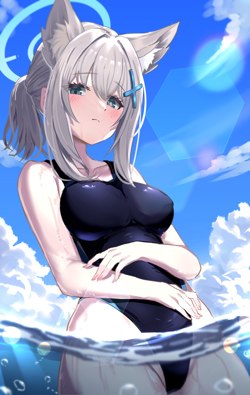 1girl absurdres animal_ear_fluff animal_ears bangs black_one-piece_swimsuit blue_archive blue_eyes breasts competition_swimsuit covered_navel cross_hair_ornament crossed_arms dunggeul_dunggeul extra_ears grey_hair hair_ornament halo highleg highleg_swimsuit highres low_ponytail medium_breasts medium_hair mismatched_pupils multicolored_clothes multicolored_swimsuit one-piece_swimsuit partially_submerged shiroko_(blue_archive) shiroko_(swimsuit)_(blue_archive) solo swimsuit wading water