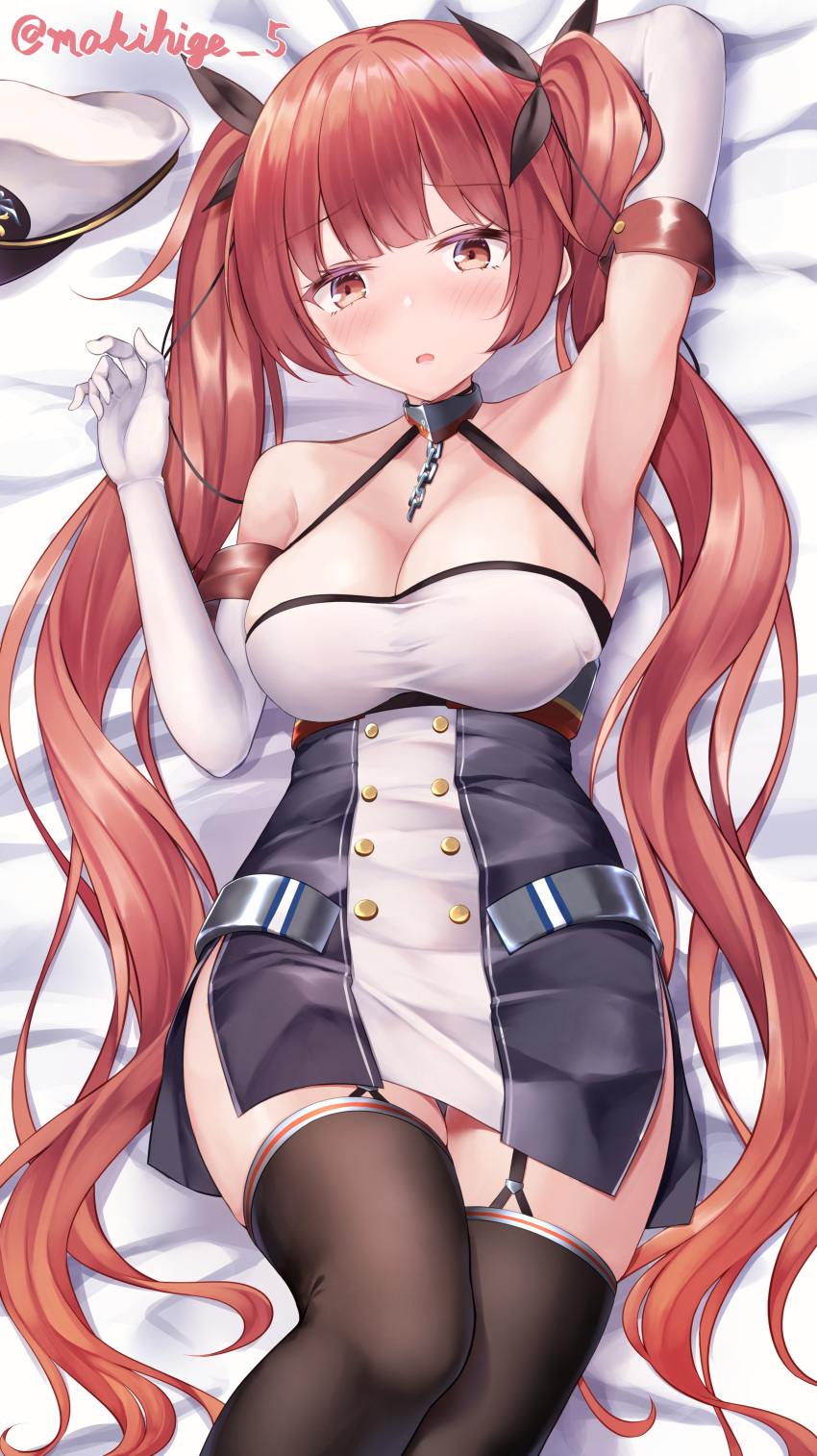 1girl absurdres arm_behind_head armpits azur_lane black_garter_straps black_ribbon blush breasts brown_thighhighs buttons cleavage collar double-breasted dress elbow_gloves garter_straps gloves hair_ribbon hat highres honolulu_(azur_lane) large_breasts long_hair looking_at_viewer lying makihige metal_collar microdress military_hat on_back on_bed peaked_cap purple_dress red_eyes red_hair ribbon solo taut_clothes taut_dress thighhighs twintails two-tone_dress very_long_hair white_dress white_gloves white_headwear