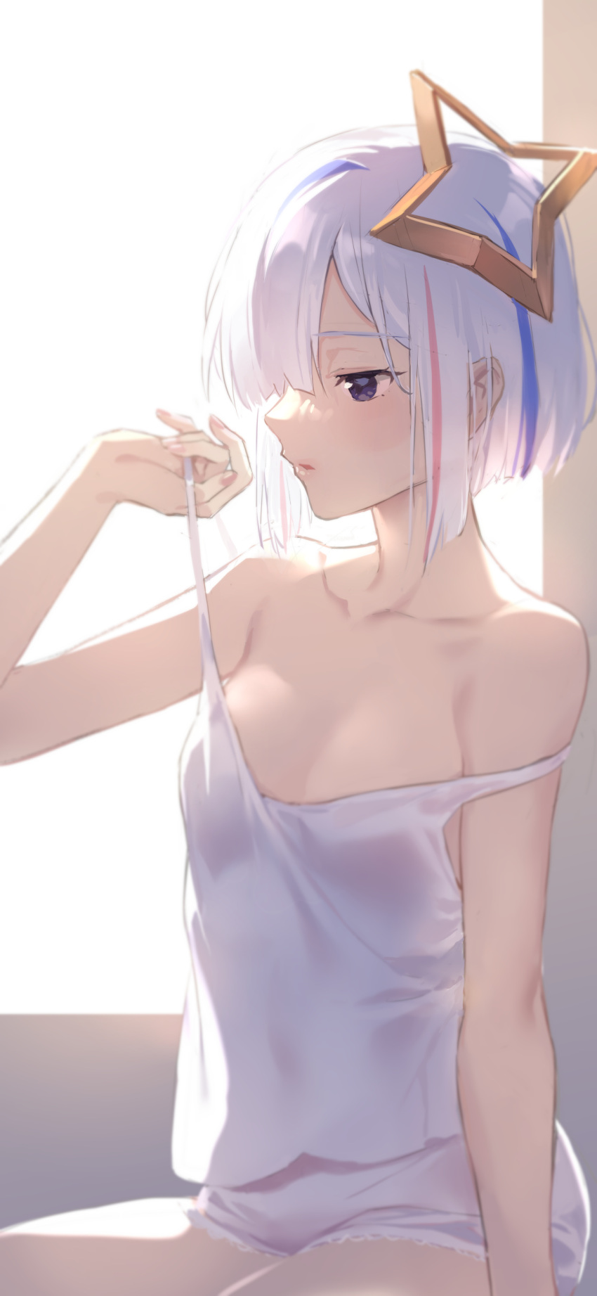 1girl absurdres amane_kanata bare_shoulders blue_hair breasts camisole collarbone covered_navel demmy grey_hair hair_over_one_eye highres hololive multicolored_hair off_shoulder purple_eyes short_hair shorts sitting sleepwear small_breasts solo strap_slip streaked_hair virtual_youtuber