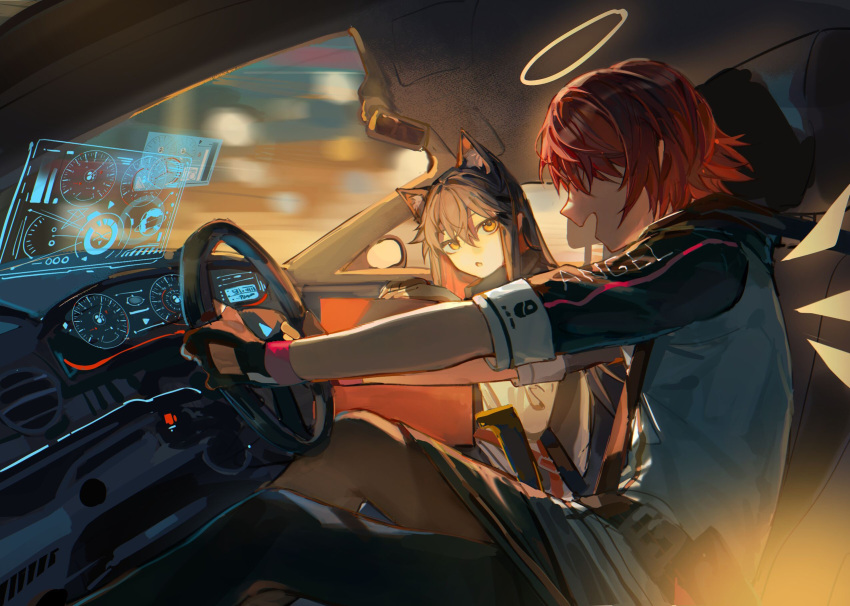 2girls :o animal_ear_fluff animal_ears arknights black_gloves black_hair black_pantyhose black_skirt car_interior colored_inner_hair dashboard detached_wings driving energy_wings extra_ears exusiai_(arknights) fingerless_gloves gloves hair_between_eyes halo highres holographic_interface jacket kuilaogouhuabudongle long_hair looking_at_viewer multicolored_hair multiple_girls open_mouth pantyhose red_hair short_hair skirt steering_wheel texas_(arknights) white_jacket windshield wings wolf_ears wolf_girl