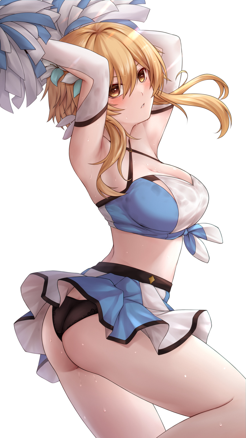 1girl absurdres alternate_costume armpits arms_up ass bangs black_panties blonde_hair blue_skirt blush breasts brown_eyes cheerleader chien_zero cleavage criss-cross_halter crop_top elbow_gloves from_side genshin_impact gloves halterneck highres large_breasts leg_up looking_at_viewer looking_to_the_side lumine_(genshin_impact) miniskirt panties parted_lips pom_pom_(cheerleading) short_hair_with_long_locks sidelocks simple_background skirt solo standing standing_on_one_leg sweat two-tone_skirt underwear upskirt white_background white_gloves white_skirt