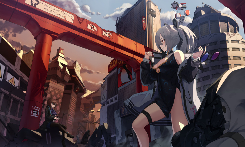2girls absurdres amiya_(arknights) angdo_(kakajo26) animal_ears arknights ascot bangs bare_shoulders black_dress black_pantyhose blue_ascot blue_sky brown_hair china_dress chinese_clothes city cloud commentary_request day dress feater_(arknights) grey_hair grin highres jacket long_hair long_sleeves multiple_girls off_shoulder open_clothes open_jacket outdoors panda_ears pantyhose profile rabbit_ears red_eyes sitting sky sleeveless sleeveless_dress smile standing thigh_strap thighs twintails