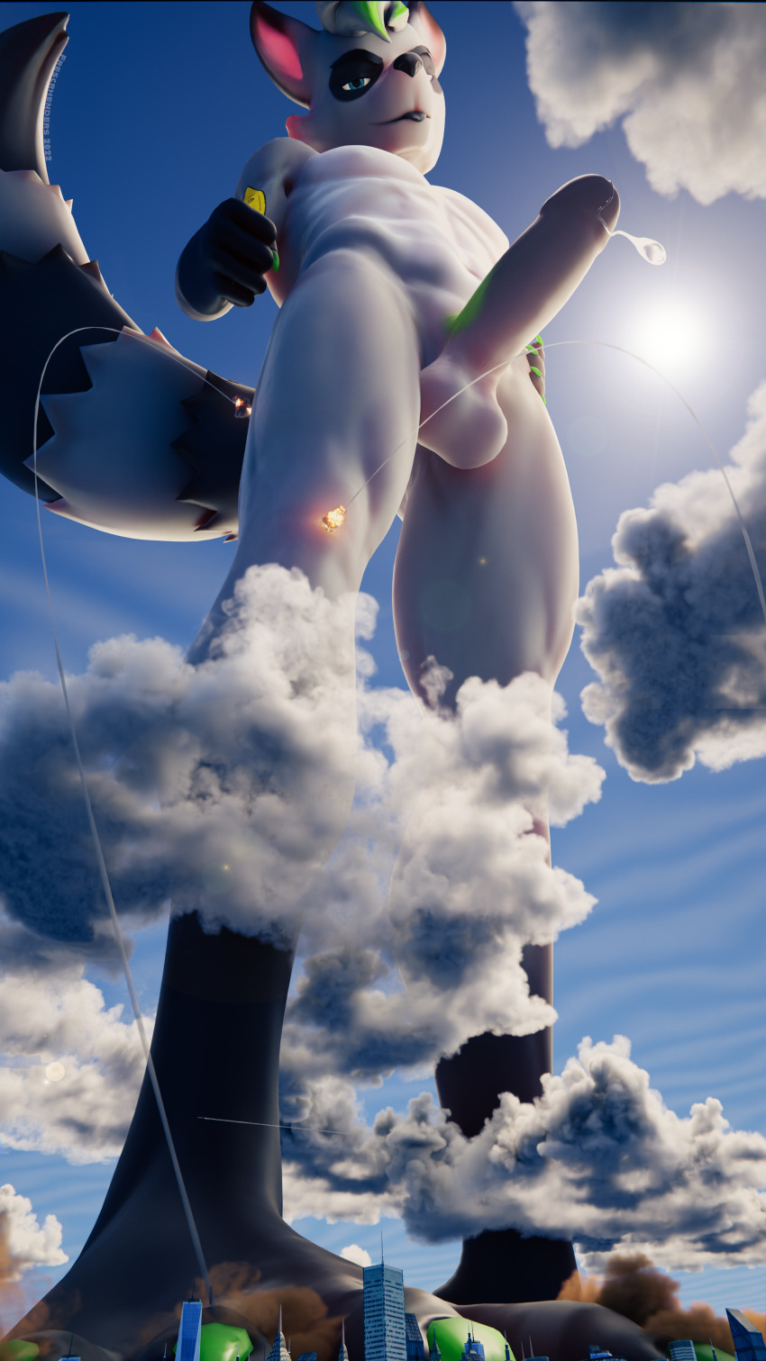 2022 3d_(artwork) 5_fingers absurd_res anthro balls building city cloud digital_media_(artwork) fingers freschrenders genitals giga hi_res macro male mammal markings penis procyonid raccoon sky skyscraper solo striped_markings striped_tail stripes sun tail_markings