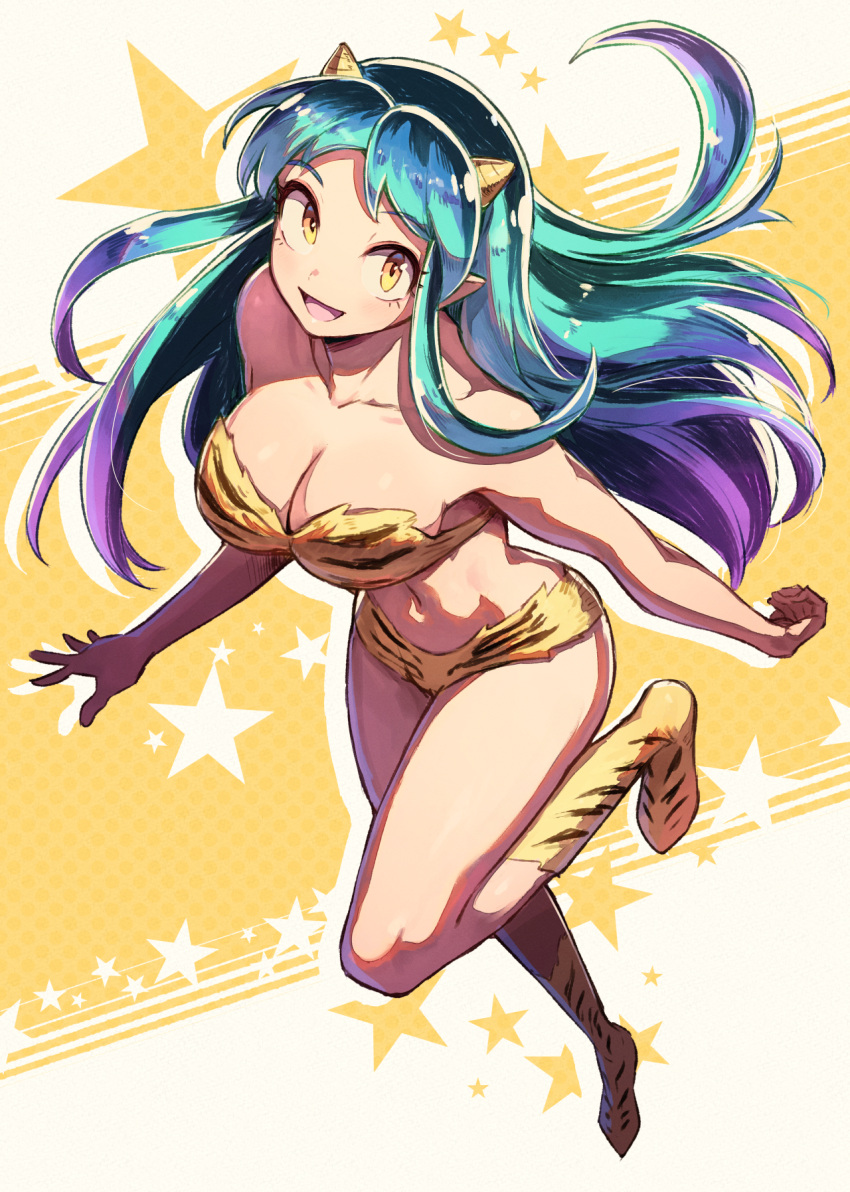 1girl :d bare_shoulders bikini boots breasts cleavage collarbone commentary_request full_body gradient_hair green_hair highres horns kuroi_susumu large_breasts long_hair looking_at_viewer lum multicolored_hair navel open_mouth pointy_ears print_bikini print_footwear purple_hair smile solo swimsuit thighs urusei_yatsura yellow_bikini yellow_eyes yellow_footwear yellow_horns