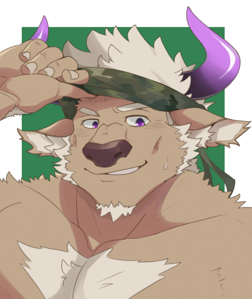 1boy adjusting_clothes adjusting_headwear animal_ears animal_nose bara border brown_fur camouflage camouflage_headwear chest_hair commentary_request cow_ears cow_horns facial_hair furry furry_male goatee green_background headband highres horns male_focus minotaur muscular muscular_male outside_border purple_eyes purple_horns shennong_(housamo) shirotoki_(qdng0atngbaqmce) short_hair smirk solo sweatdrop thick_eyebrows tokyo_afterschool_summoners upper_body white_border white_hair