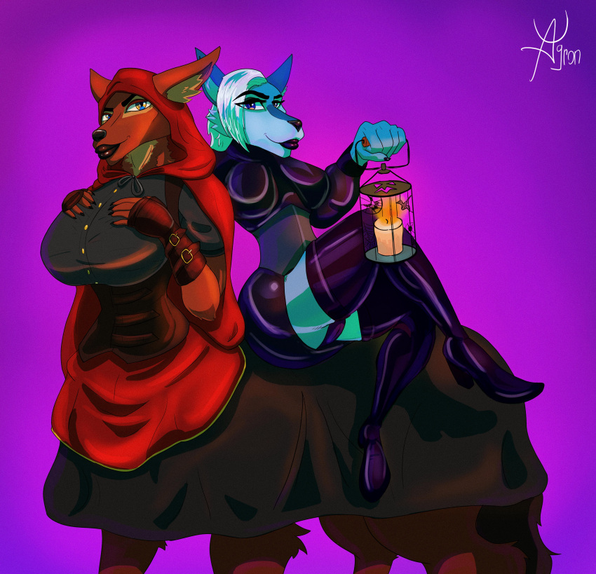 absurd_res agron_u anthro canid canine canis clothing dragon duo female female/female fox hellowen hi_res hybrid lamp lips mammal simple_background suit taur thick_lips wolf
