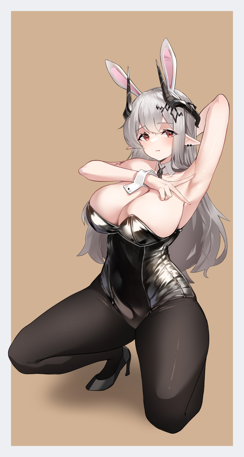 1girl absurdres animal_ears arknights arm_up armpits bangs black_footwear black_leotard black_necktie black_pantyhose blush border breasts brown_background cleavage closed_mouth coke0502 detached_collar earrings fake_animal_ears full_body grey_hair high_heels highres horns jewelry kneeling large_breasts leotard long_hair looking_at_viewer mudrock_(arknights) necktie one_knee pantyhose playboy_bunny pointy_ears rabbit_ears red_eyes simple_background solo spread_armpit strapless strapless_leotard very_long_hair white_border