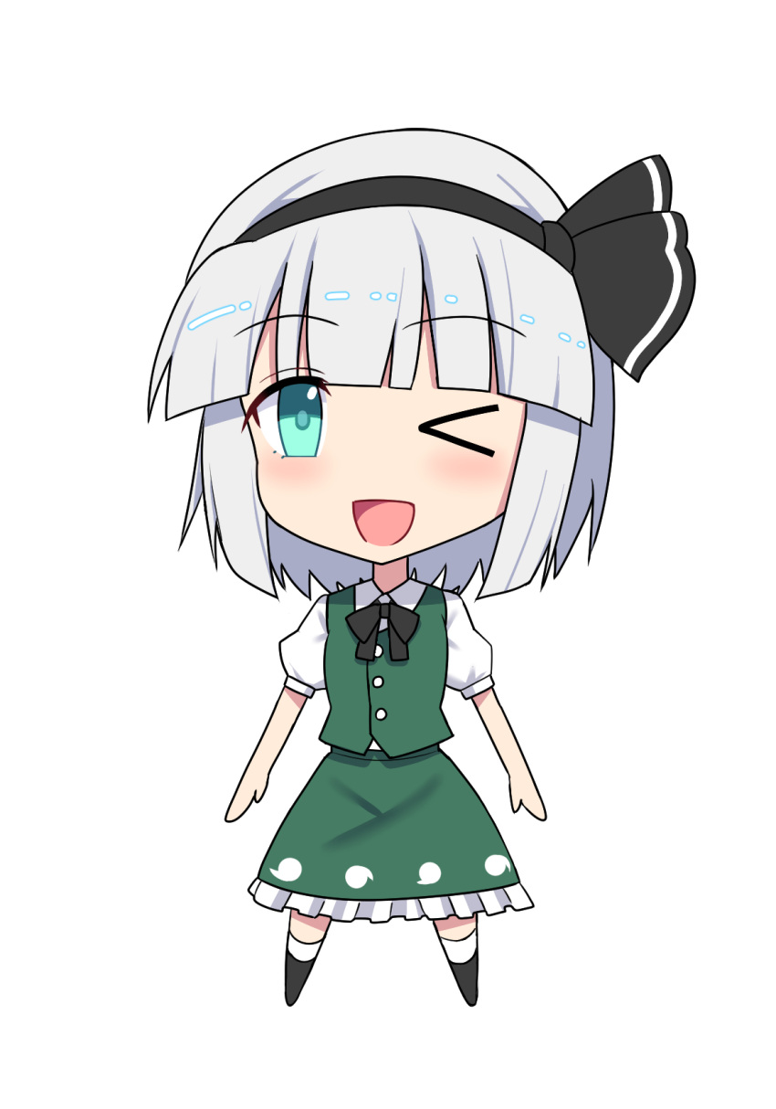 1girl bangs black_bow black_bowtie black_footwear black_hairband black_ribbon blue_eyes blush bow bowtie buttons chibi collared_shirt commentary_request e.o. frills full_body ghost_print green_skirt green_vest grey_hair hair_between_eyes hairband highres hitodama konpaku_youmu looking_at_viewer one_eye_closed open_mouth puffy_short_sleeves puffy_sleeves ribbon shirt shoes short_hair short_sleeves simple_background skirt skirt_set smile socks solo standing tongue touhou vest white_background white_shirt white_socks