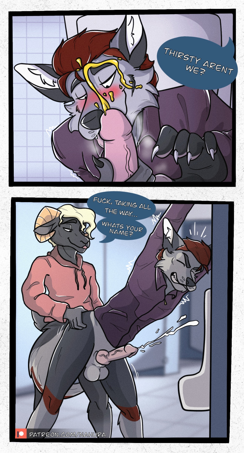 absurd_res anthro bathroom bodily_fluids bovid canid canine canis caprine caprine_demon clothed clothing comic comic_panel cum cumshot demon dialogue dialogue_box duo ejaculation genital_fluids genitals goat goat_demon hazel_(nahura) hi_res knot male male/male mammal nahura partially_clothed penis public public_restroom public_sex sex urine urine_on_chest urine_stream watersports wolf