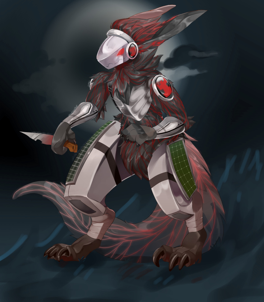 absurd_res anthro arm_guards armor black_body black_fur breastplate chess_piece fluffy fur goathics hi_res highlights_(coloring) holding_object holding_weapon knife lichtenberg_figure long_ears machine male moon night outside protogen protogen_visor raptor_claws red_eyes red_highlights rookie_(stonehermit) silver_(metal) silver_armor solar_panels solo weapon