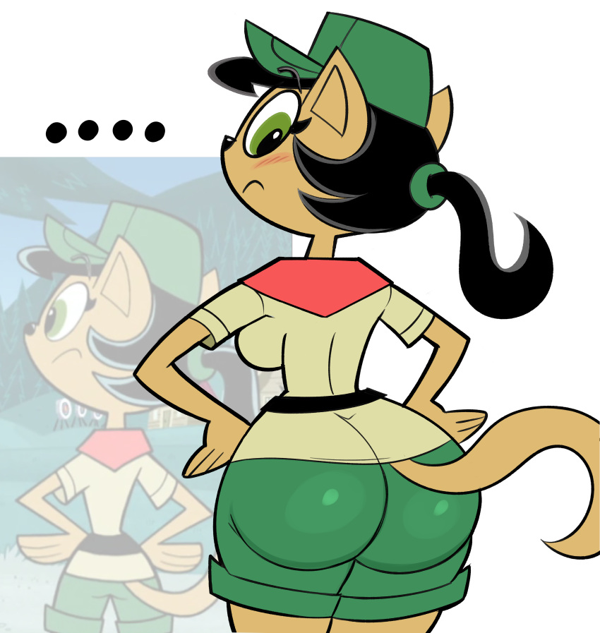 absurd_res anthro big_butt blush bottomwear breasts butt clothing domestic_cat ellipsis felid feline felis female hair half-length_portrait hands_on_hips hat headgear headwear hi_res kitty_katswell looking_back majuv mammal nickelodeon ponytail portrait rear_view redraw scout_uniform screencap shorts side_boob small_waist solo t.u.f.f._puppy wide_hips